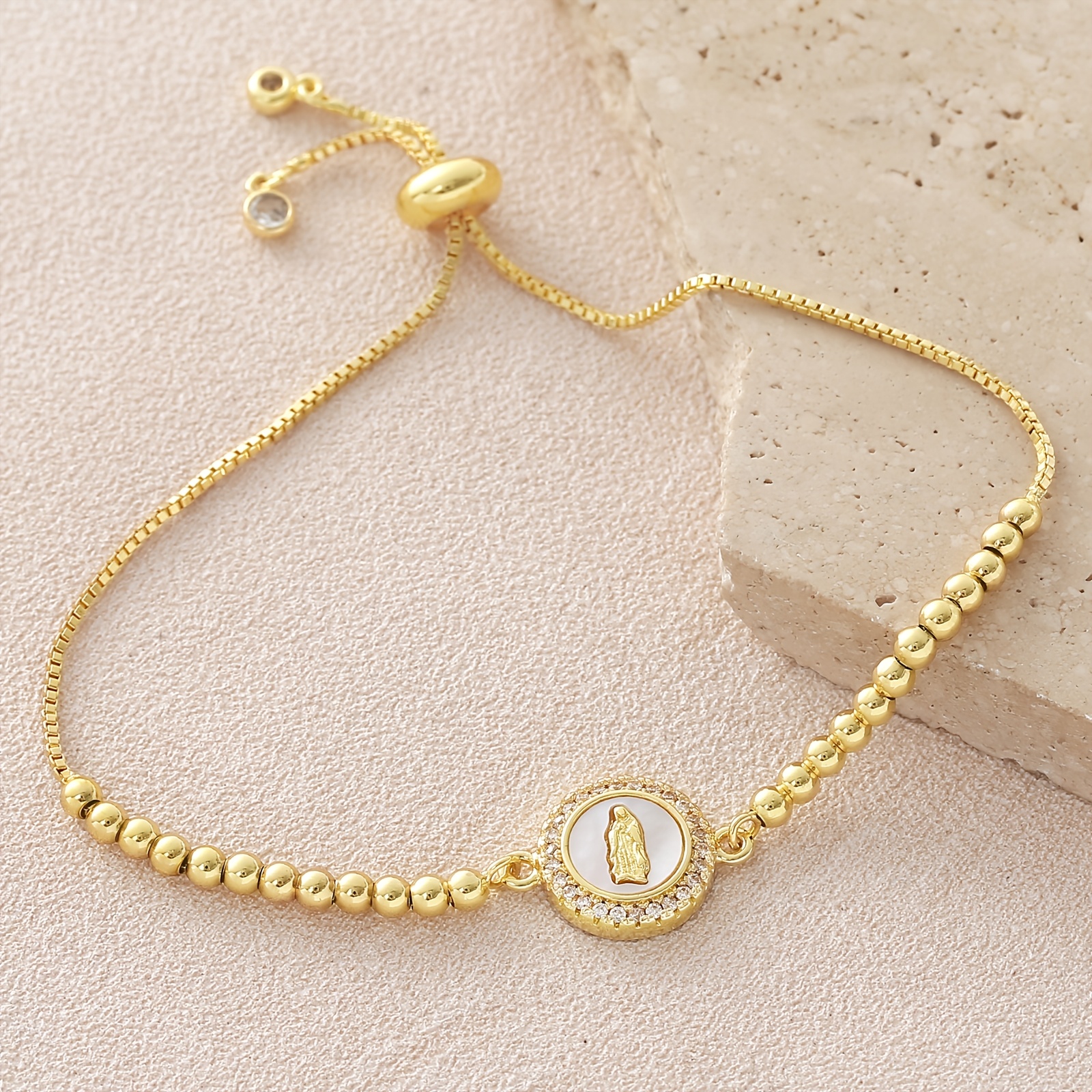 Women's 18K Gold-Plated Adjustable Bead Bracelet with Cross Pendant